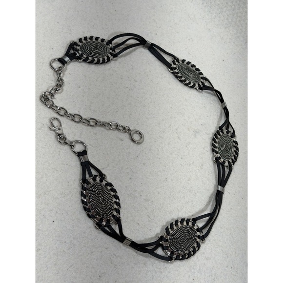 Chico's Accessories - Womens Boho‎ Western Concho Chain Belt Black Silver Festival Y2K Adjustable